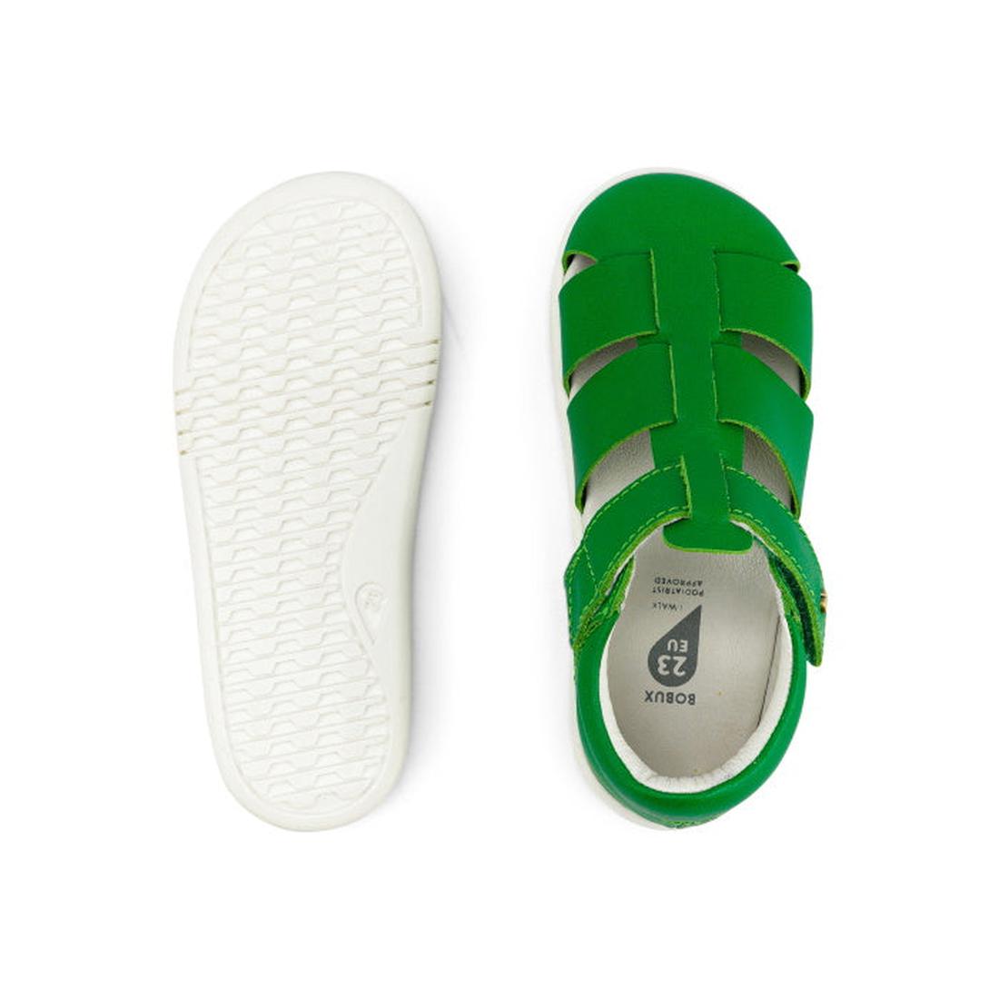 The Bobux Iwalk IW Quick Dry Tidal Sandal 634402 in Emerald Green is a pair of kids' sandals featuring an open-toe, strappy Velcro design in quick-dry leather, with one shoe highlighting the white textured sole., 9420057386994, 9420057387021, 942005738705