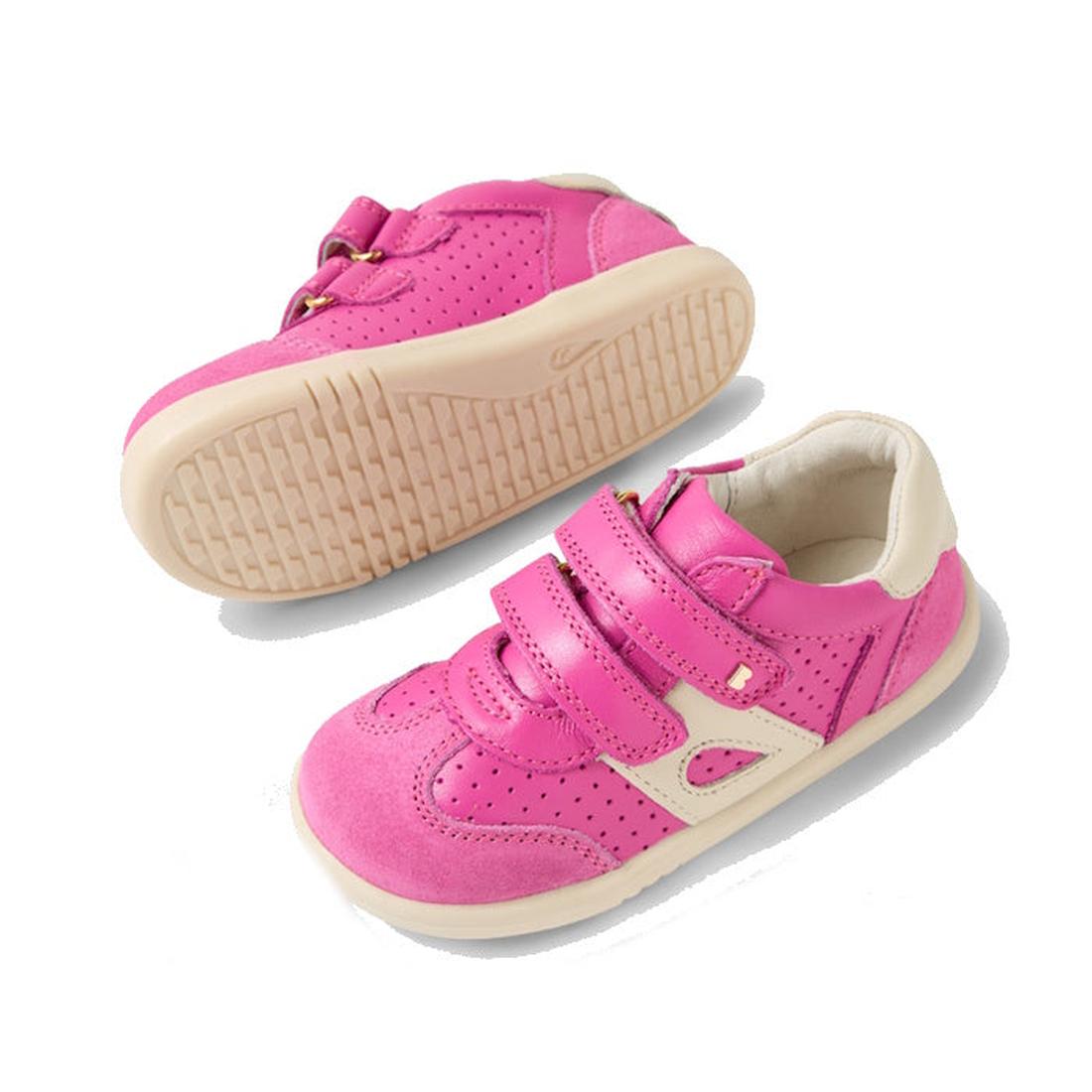Two Bobux IW Iwalk Titan Leather Sneakers in White Rose Violet Pink are shown on a white background. One displays the top and side, the other the textured sole. Features white soles, Velcro straps, and comes in various sizes and colors., 9420074854506, 94