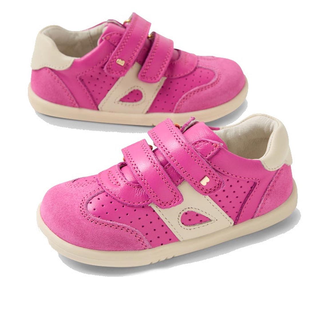 The Bobux IW Iwalk Titan Leather Sneaker in White Rose Violet Pink features velcro straps, perforated details, and rubber soles for toddlers, shown on a white background.