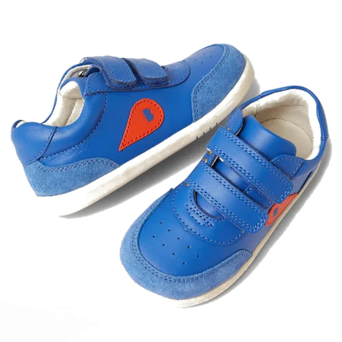 The Bobux Step Up SU Champ II Sneaker Olympian Blue is a pair of blue toddler sneakers with white soles, light blue suede accents, orange teardrop designs on the sides, and two velcro straps for easy fastening., 9420068552319, 9420068552326, 9420068552333