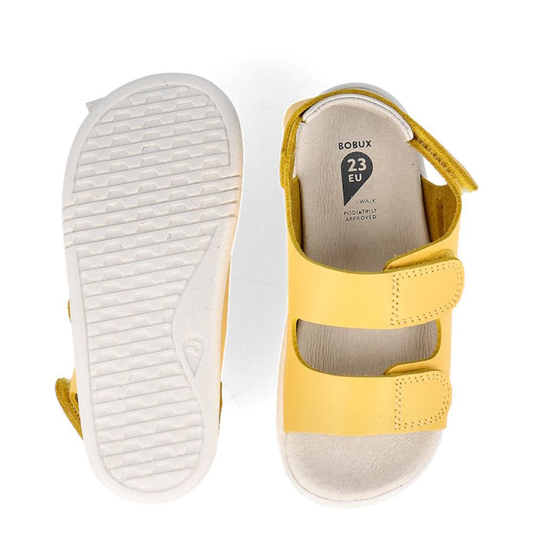 A pair of Bobux Iwalk IW Quick Dry Topia Sandal 651304 Pineapple, size 23 EU for toddlers—one shown from below to display the tread, the other from above highlighting adjustable Velcro straps and a soft insole., 9420075776302, 9420075782150, 9420075780248