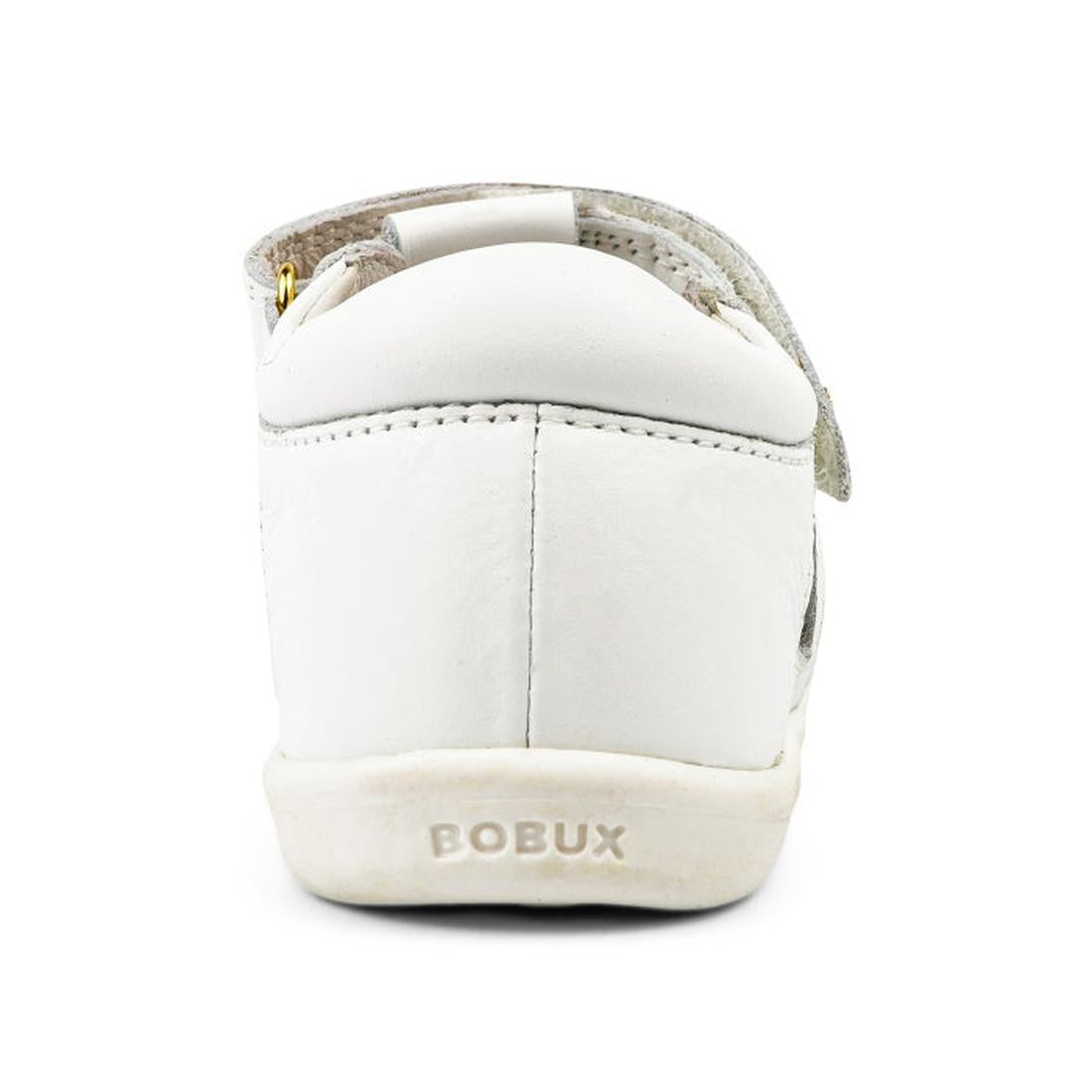 The Bobux Iwalk IW Tropicana II Sandal 638307 in white is a children’s shoe crafted from quick-dry leather, with a visible heel seam and Bobux branding embossed on the sole, designed for lasting comfort and style., 9420068509658, 9420068509665, 9420068509