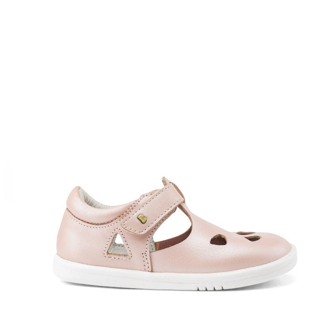 The Bobux IWalk IW Zap II Sandal Pink Shimmer features a closed toe, heart-shaped and triangular side cutouts, a Velcro strap, quickdry pale pink leather, and a white sole. Displayed on a white background., 9420068509245, 9420068509252, 9420068509269, 942