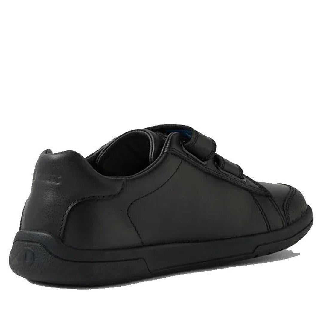 The Bobux Kid+ Jacks Black School Leather Shoe Sneaker is a kids’ low-top leather school shoe with adjustable Velcro straps and a scuff-resistant toe cap, shown from the back left angle on a white background., 9420074842299, 9420074842305, 9420074842312, 