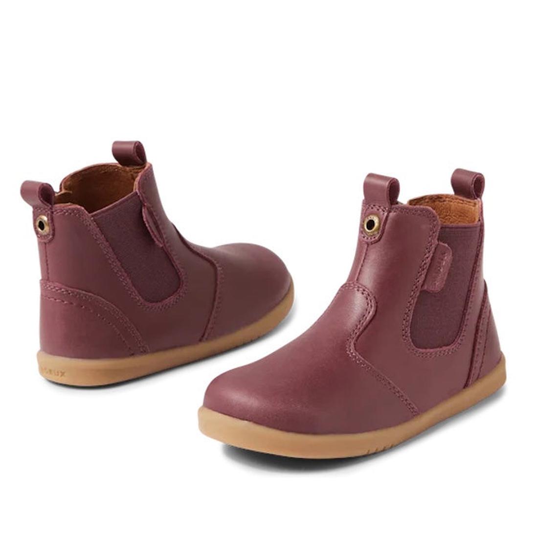 Bobux Iwalk Jodhpur Boot Fig Purple 630868: comfy ankle boot in fig-purple leather, easy pull tabs, elastic sides, beige rubber sole.  ksnz