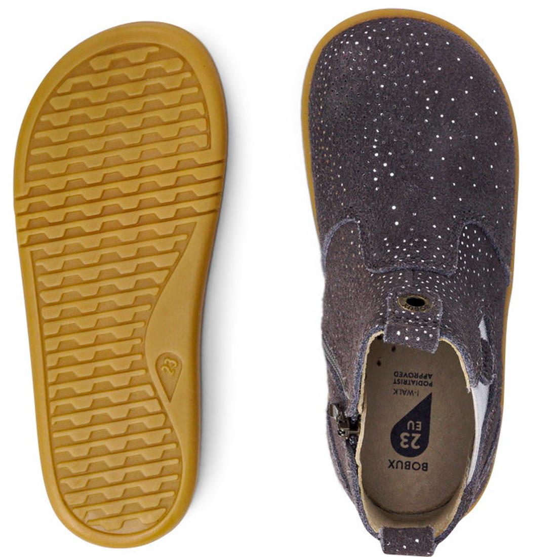 The Bobux Iwalk Jodphur Boot Charcoal Starburst 620857 (Clearance) features a kid-sized EU 23 unisex leather boot with a dark gray suede upper, white speckles, side zipper, and a left shoe's yellow zigzag-pattern rubber sole., 9420071309801, 9420071309818