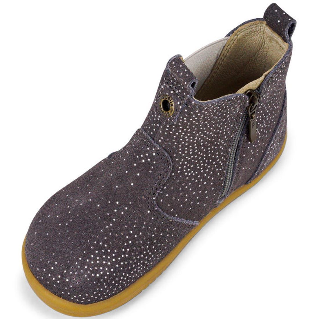 The Bobux Iwalk Jodphur Boot Charcoal Starburst 620857 features dark grey suede with silver glitter dots, a side zipper, tan rubber sole, back loop, and comfy light tan leather lining—a stylish unisex kids' boot on clearance., 9420071309801, 9420071309818