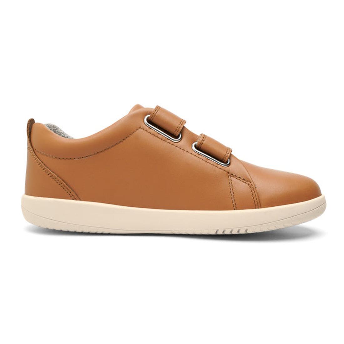 The Bobux Kids + Plus Grass Court Caramel Tan Velcro Trainers (832462) are brown leather shoes with a wide opening, white sole, and double Velcro straps for easy fastening., 9420075792791, 9420071315963, 9420071315970, 9420071315987, 28505, 9420075792463,