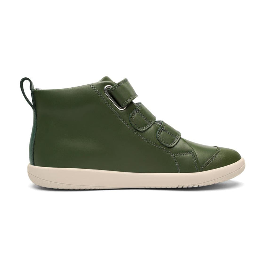 The Bobux Kids Plus KP Hi Court Forest Green is a street-style hi top sneaker with two Velcro straps, a premium leather upper, white sole, and heel pull tab, shown in side view on a white background., 9420071321209, 9420071321216, 9420071321223, 28259, 28