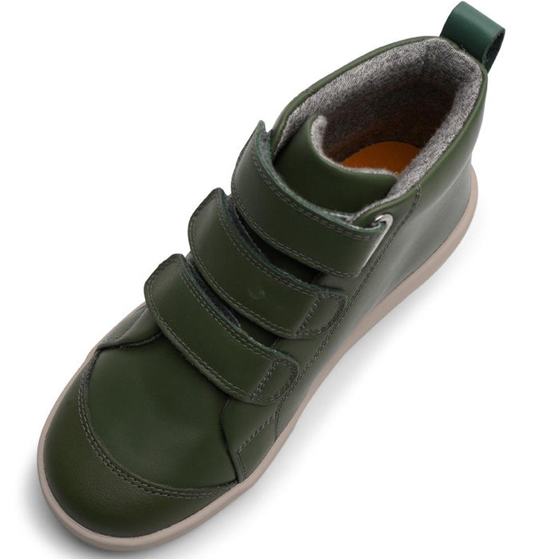 The Bobux Kids Plus KP Hi Court Forest Green is a children's sneaker with a premium leather upper, three velcro straps, gray inner lining, and a light sole, shown from a top angle., 9420071321209, 9420071321216, 9420071321223, 28259, 28260, 28261, 28262