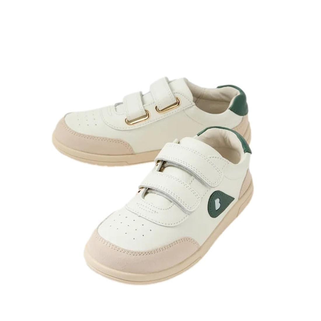 The Bobux Kids Plus Junior KP Champ II Sneaker in Chalk White and Rainforest Green features leather uppers, beige soles and toe caps, green heel accents, double velcro straps, and a small heart detail on the side., 9420074865656, 9420074865663, 9420074865
