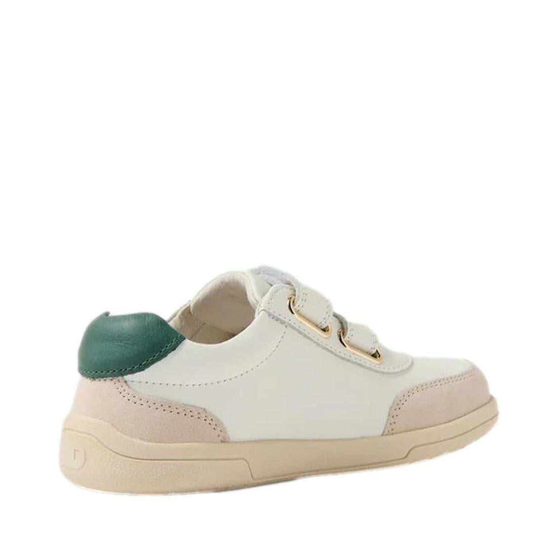 The Bobux Kids Plus Junior KP Champ II Sneaker in Chalk White and Rainforest Green features leather, adjustable velcro straps, a green heel accent, and a durable beige rubber sole, shown side-on against a white background., 9420074865656, 9420074865663, 9