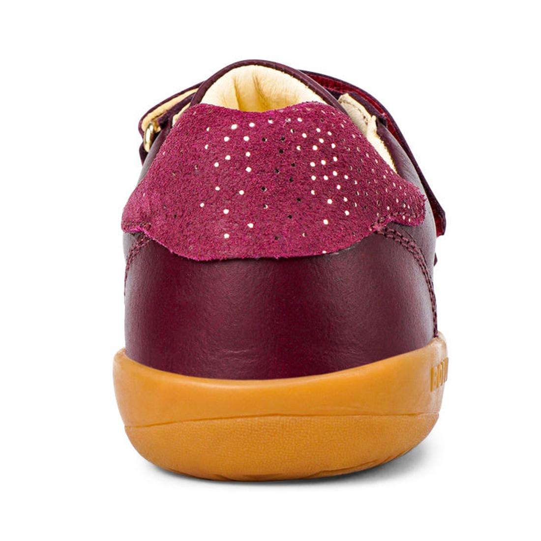Rear view of the Bobux Kids Plus KP Sprite Sneaker in Boysenberry, featuring a soft suede heel, perforations, yellow inner padding, light brown rubber sole, and double strap closure for easy wear and unisex style., 29968, 9420071316663, 9420071316670, 942