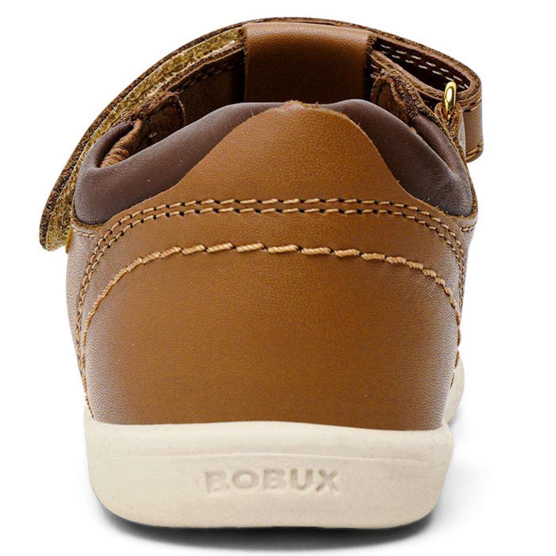 The Bobux IWalk Roam Sandal in caramel/toffee leather features a closed toe, beige stitching, white sole with BOBUX embossed, an open Velcro strap, and is ideal for kids as a summer sandal., 9420071319169, 9420071319176, 9420071319183, 9420071319190, 9420