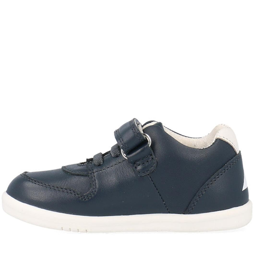The Bobux Kids IWalk IW Comet Sneaker in Navy/White is a unisex retro shoe featuring white lining, a hook-and-loop strap, laces, and a white rubber sole, displayed from the side on a white background., 9420075706118, 9420075706125, 9420075706132, 94200757