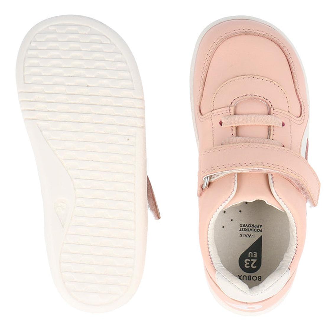Top and bottom view of the Bobux Kids IWalk IW Comet Sneaker in Seashell Pink/White, featuring a retro design, velcro strap, flexible white sole, size 23 EU on the insole, and visible outsole tread pattern., 9420075706286, 9420075706293, 9420075706309, 94