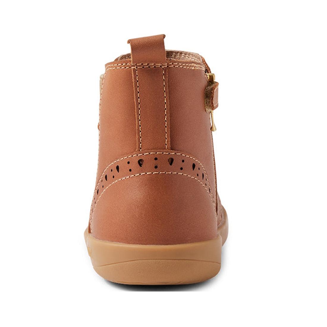 Rear view of the Bobux Kid+ KP Billie 2 II Girls Leather Boot in Caramel Tan with decorative stitching, heel loop, flexible design, and light brown rubber sole shown on a white background., 9420074867179, 9420074867186, 9420074867193, 9420074867209, 94200
