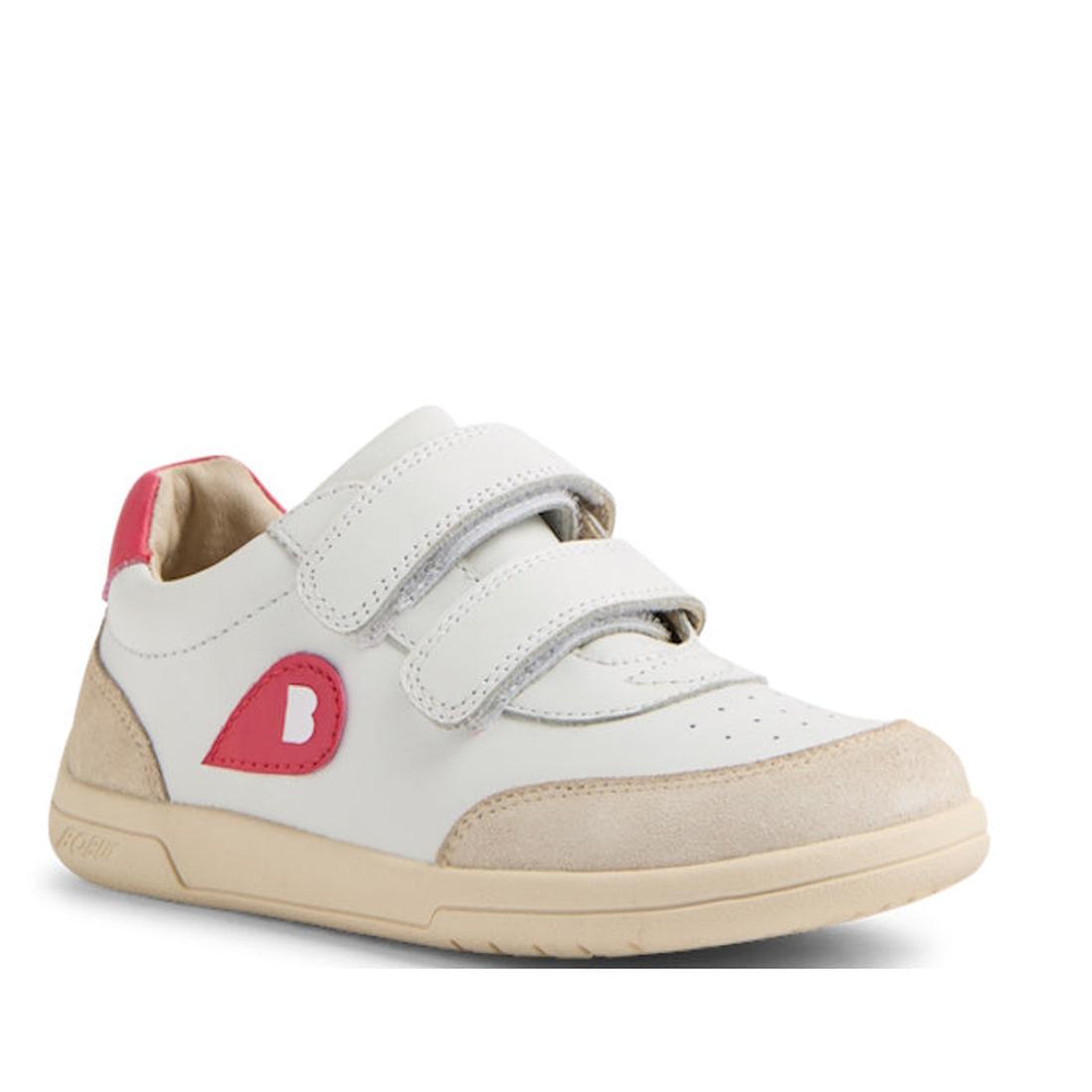 The Bobux KP Kids Plus Champ II Sneaker White Raspberry Juniors features white leather, beige suede accents, Velcro straps, a flexible beige sole, and pink details with a white “B” on the heel and side patch., 9420074829856, 9420074829863, 9420074829870, 