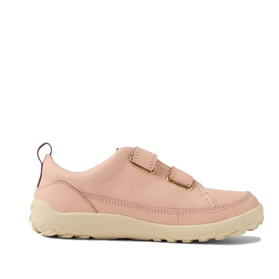 The Bobux Kid+ Dawn Leather Sneaker in Cameo Rose Pink Alpha features pale pink leather, a barefoot-shaped toe box, two hook-and-loop straps with gold buckles, a textured off-white sole, and a heel pull tab, shown on a white background., 9420068565647, 94