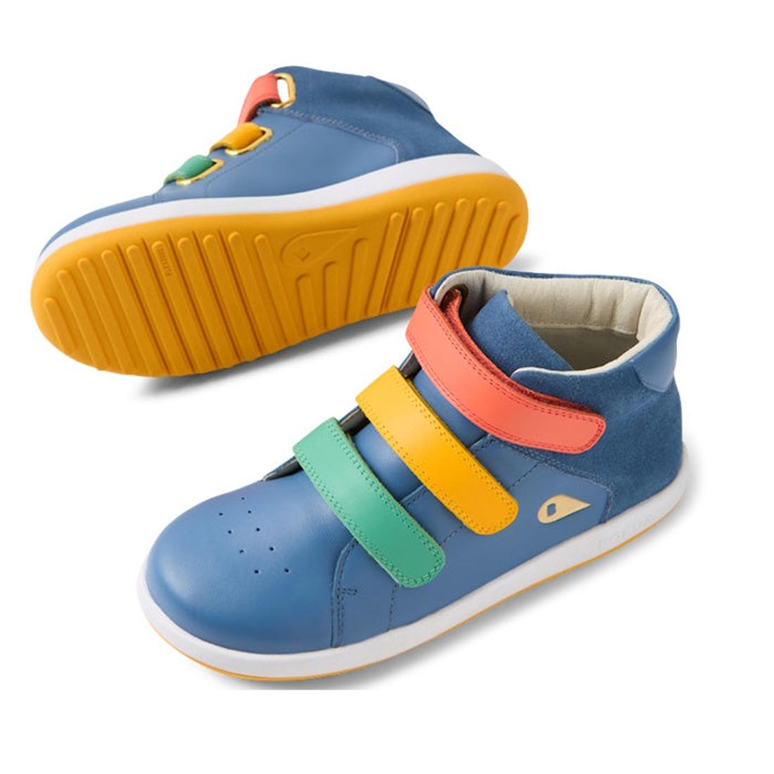 The Bobux KP Kids Plus Juniors Gamepoint Leather Boot in Coronet Blue features a playful, colorful design with toe perforations, red, yellow, and green adjustable straps, and durable yellow outsoles for extra grip., 9420074815477, 9420074815484, 942007481