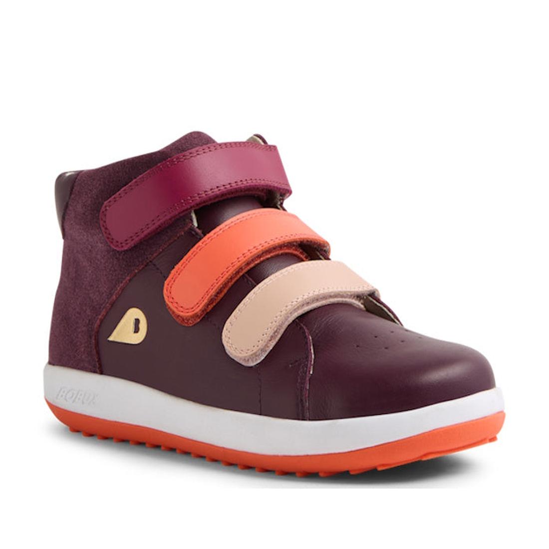 The Bobux KP Kids Plus Juniors Gamepoint Leather Boot Fig Purple is a high-top sneaker with a burgundy leather and suede upper, three adjustable straps in burgundy, orange, and beige, an orange rubber sole, and a white midsole., 9420074815330, 94200748153