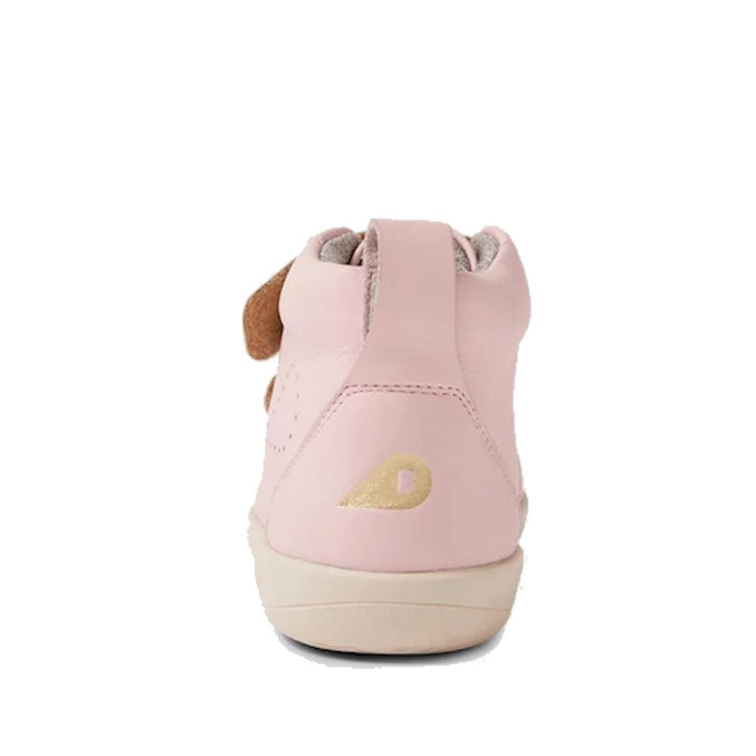 A rear view of the Bobux KP Grass Court High II Boot in Ballet Pink for juniors, featuring pink leather, a beige sole, and a small gold logo on the heel, photographed against a white background., 9420074831040, 9420074831057, 9420074831064, 9420074831071,