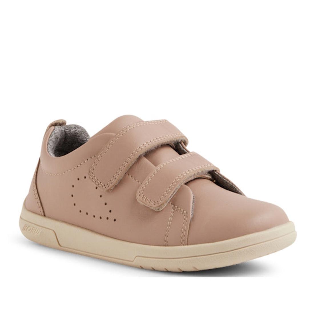 The Bobux KP Kids Plus Grass Court 2 II Leather Sneaker in Warm Taupe features light brown leather, double Velcro straps, side perforations, a Bloom EVA footbed, and a beige rubber sole for kids., 9420074831460, 9420074831477, 9420074831484, 9420074831491