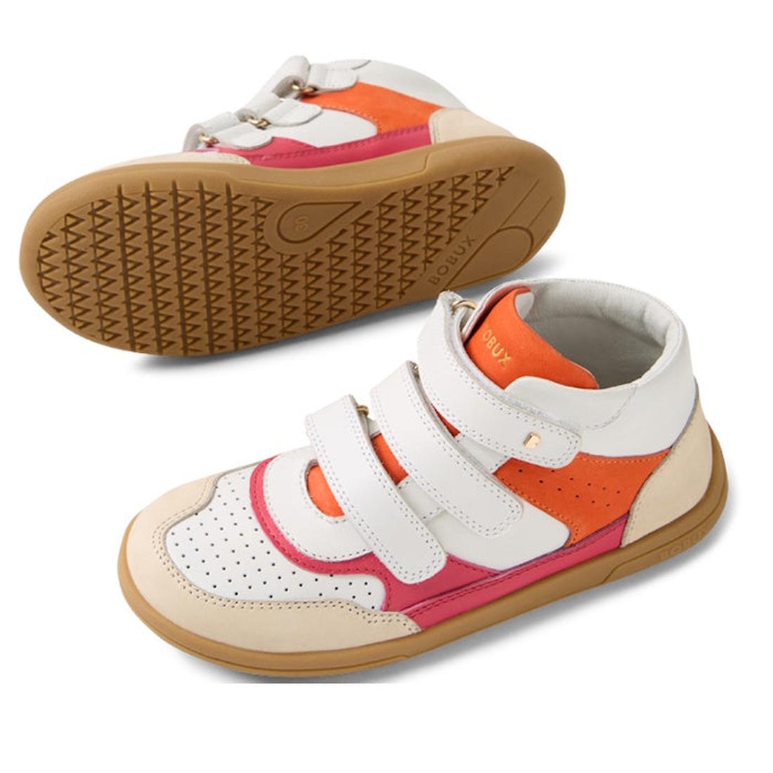 The Bobux KP Kids Plus Harley Ankle Leather Boot in Radiant Raspberry for juniors features white, orange, and pink panels, beige durable soles, two adjustable Velcro straps, and a textured rubber sole visible when one shoe is on its side., 9420074833648, 