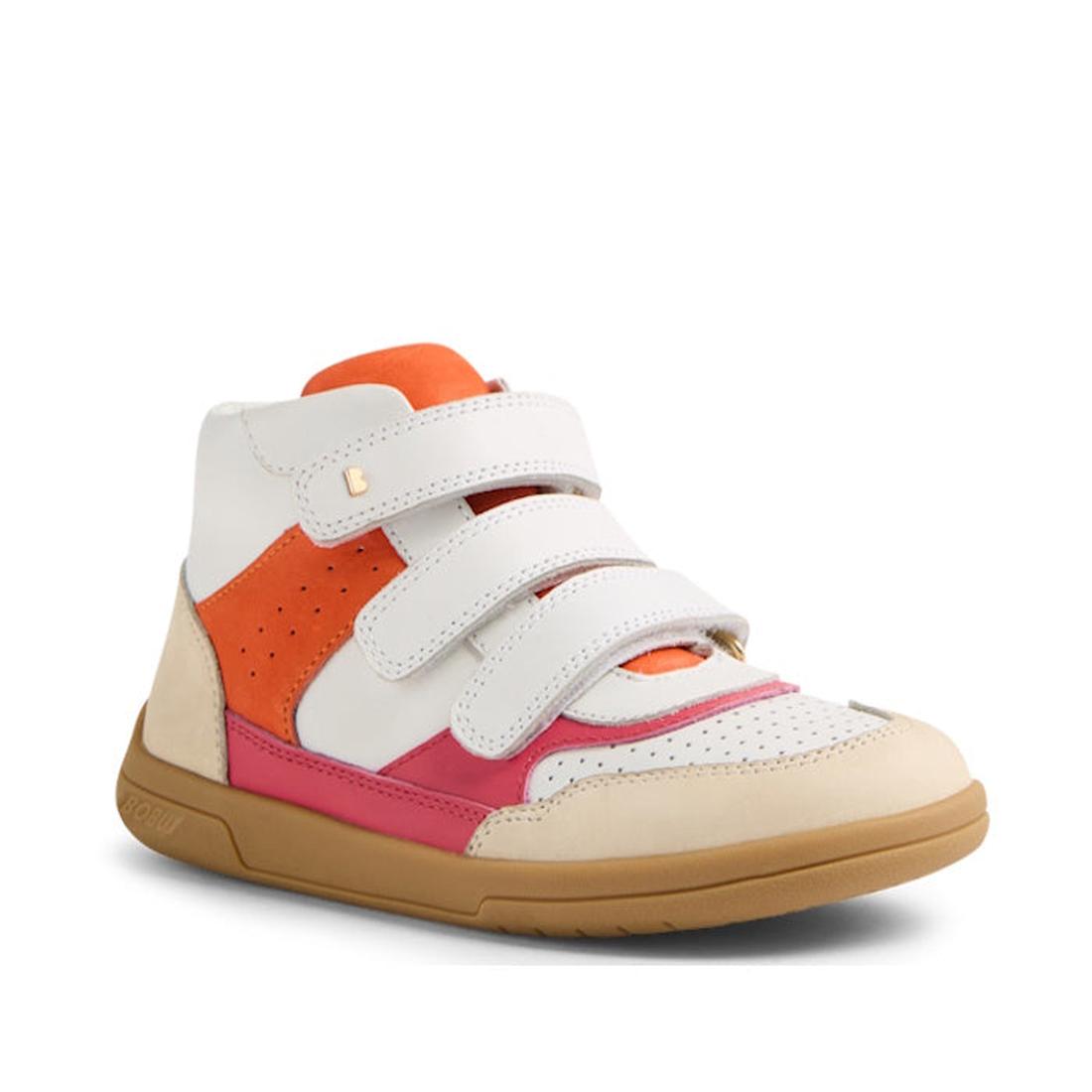 The Bobux KP Kids Plus Harley Ankle Leather Boot Radiant Raspberry Juniors is a high-top with a durable beige sole, white, orange, and pink panels, and three adjustable Velcro straps for easy fastening., 9420074833648, 9420074833655, 9420074833662, 942007