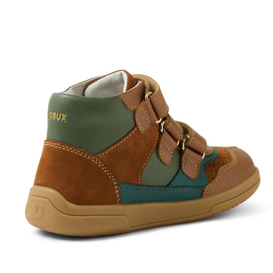 The Bobux KP Kids Plus Harley Ankle Leather Boot in Caramel Tan is a kids’ high-top sneaker with suede accents, adjustable straps, a durable tan sole, and “BOBUX” printed in yellow near the ankle., 9420074833716, 9420074833723, 9420074833730, 942007483374