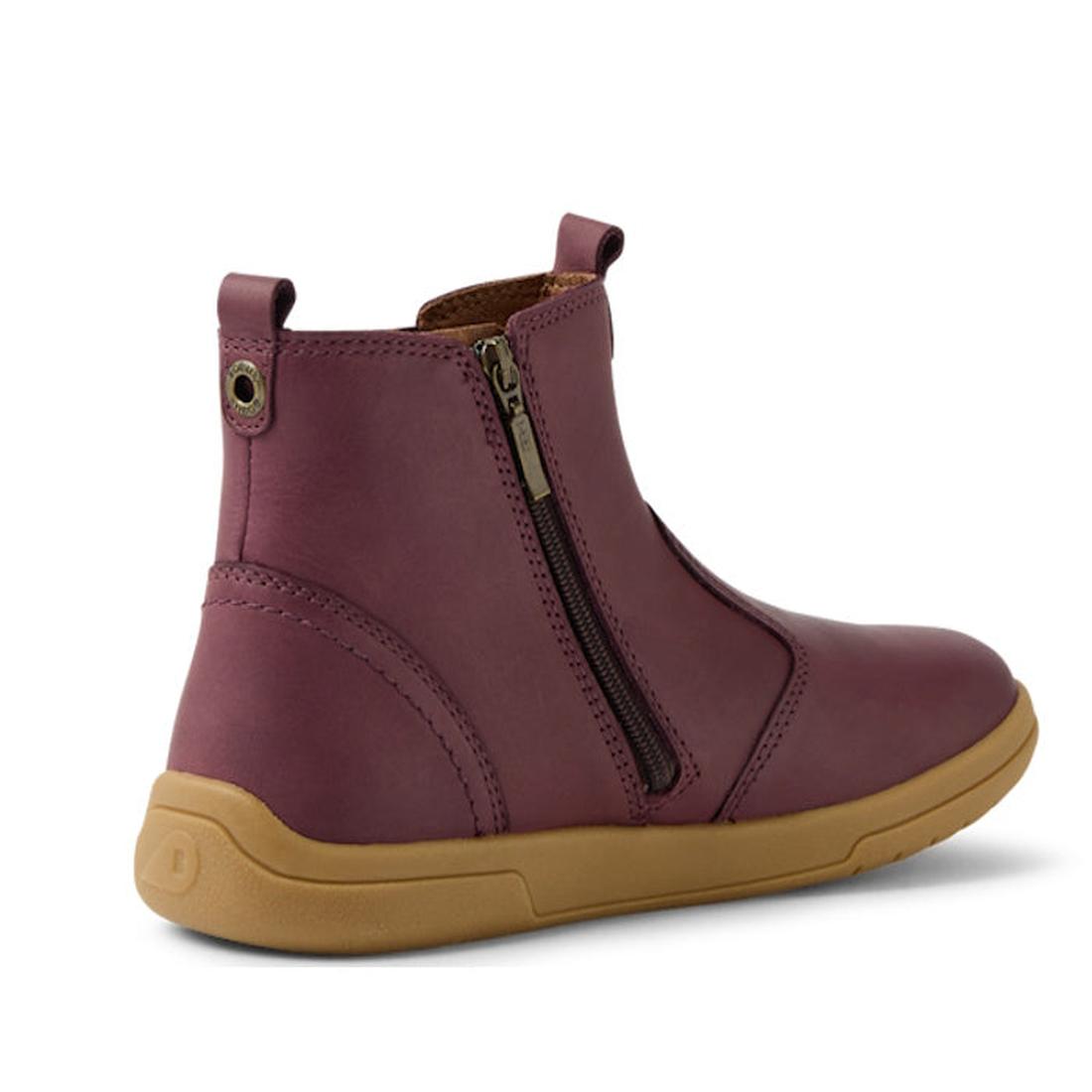 The Bobux KP Kids Plus Jodhpur 2 II Juniors Leather Boot in Fig Purple features a side zipper, flexible sole, visible stitching, heel pull tab, and brown rubber accents. Shown from the back side angle for a clear view of details., 9420074834980, 942007483