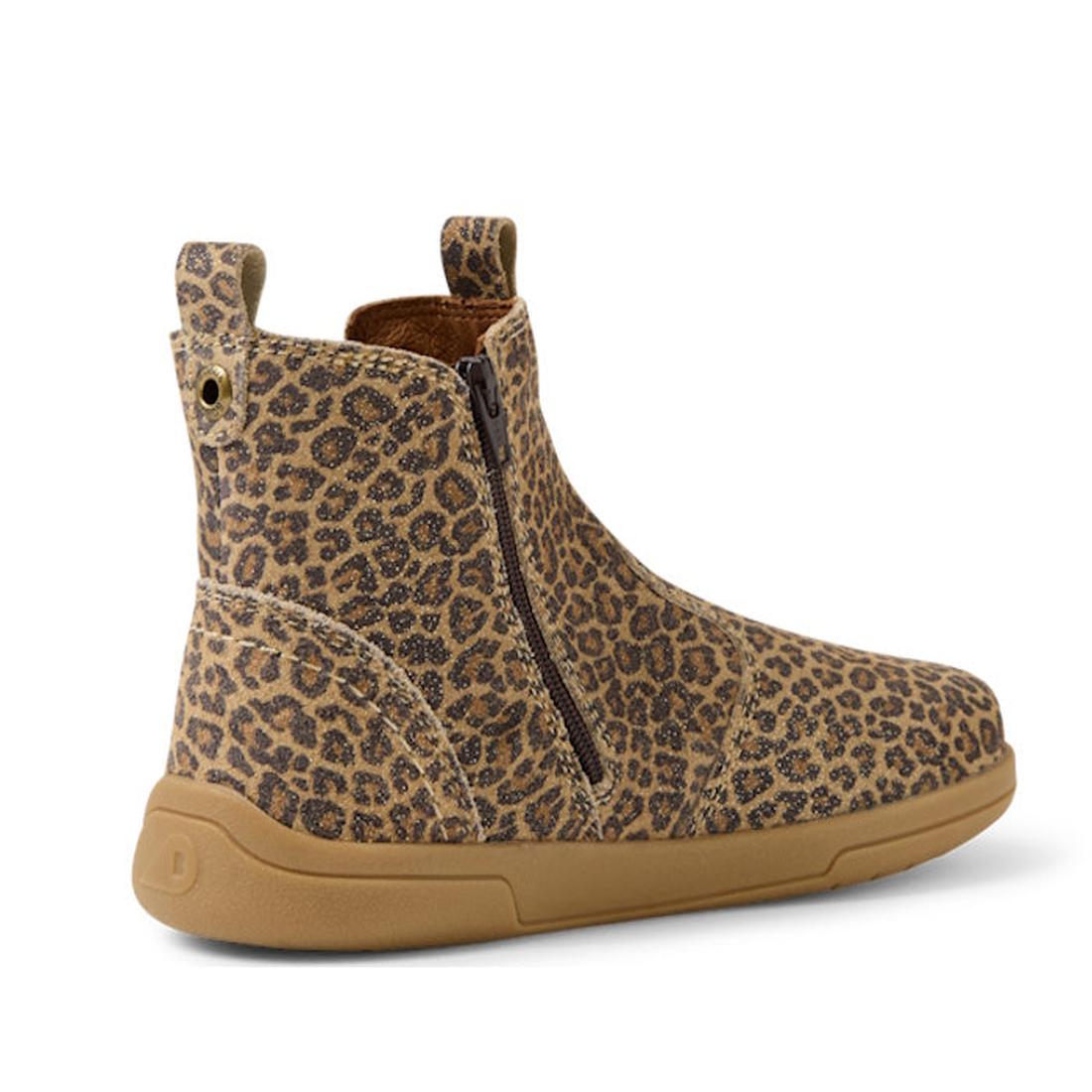 The Bobux KP Kids Plus Jodhpur II Juniors Leather Boot Leopard Shimmer is an ankle-high boot with a brown sole, tan and black leopard print, side zipper, and back pull tab., 9420074834638, 9420074834645, 9420074834652, 9420074834669, 9420074834676, 942007