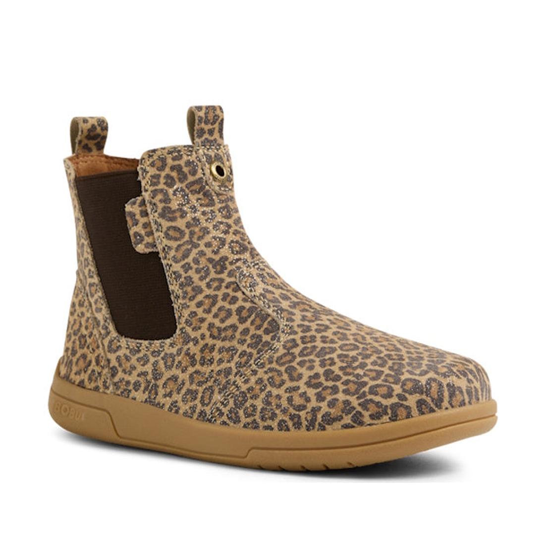 The Bobux KP Kids Plus Jodhpur II Juniors Leather Boot Leopard Shimmer is an ankle-high boot featuring a tan and brown leopard print, brown elastic side panels, pull tab, and a light brown rubber sole., 9420074834638, 9420074834645, 9420074834652, 9420074