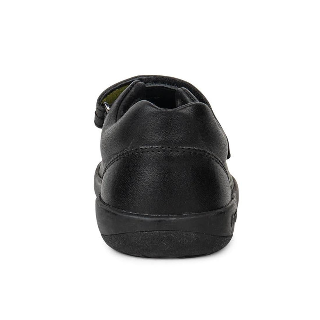A close-up of the back of the Bobux Kid+ Black School Leather Shoe Journey Mary Jane, featuring a black leather upper and rubber sole, photographed against a white background., 9420068510630, 9420068510647, 9420068510654, 9420068510661, 9420068510678, 942