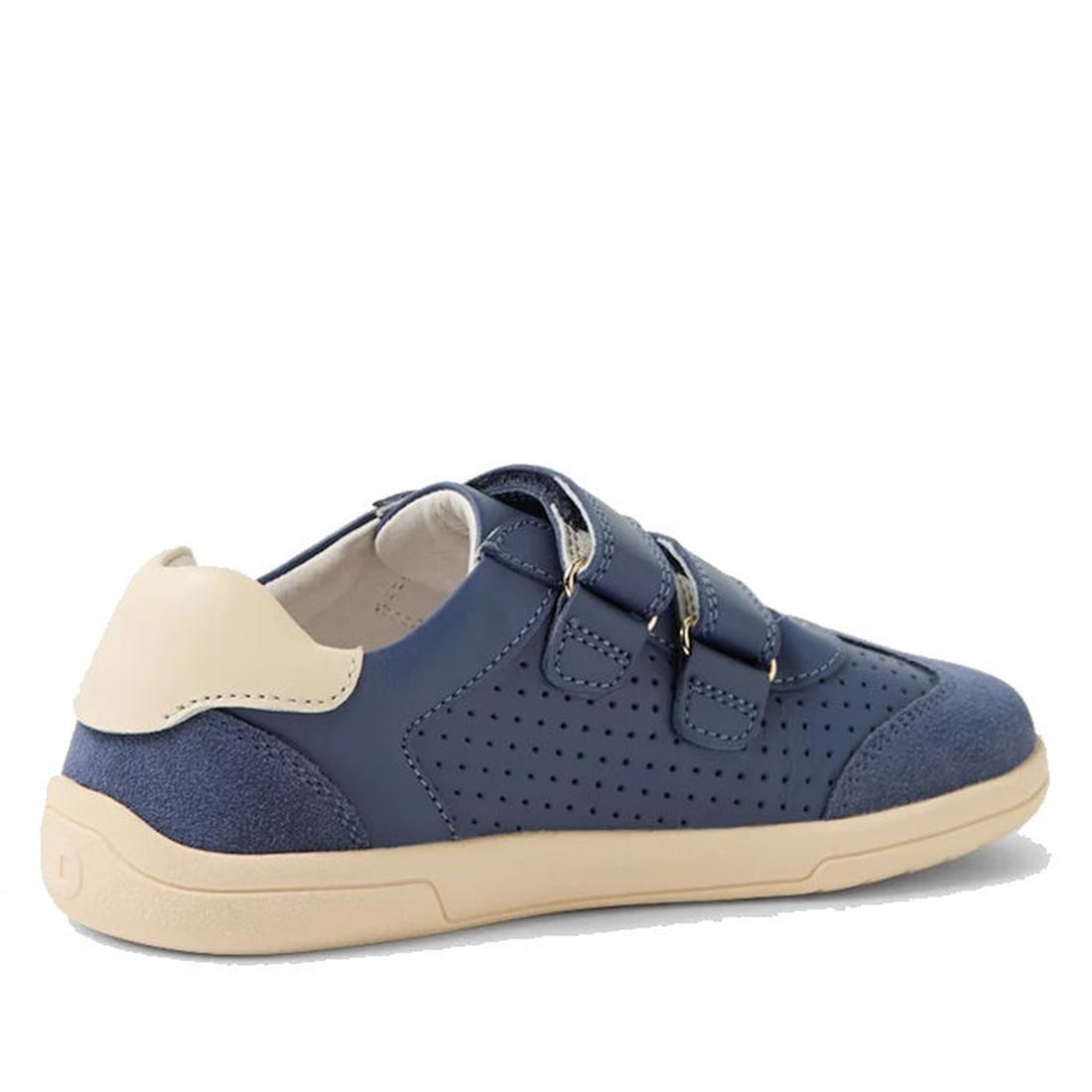 The Bobux KP Kids Plus Titan Juniors Leather Sneaker in Vintage Indigo Blue features perforated leather sides, suede accents, two hook-and-loop straps, a durable beige sole, and a contrasting light beige heel for added style., 9420074855824, 9420074855831