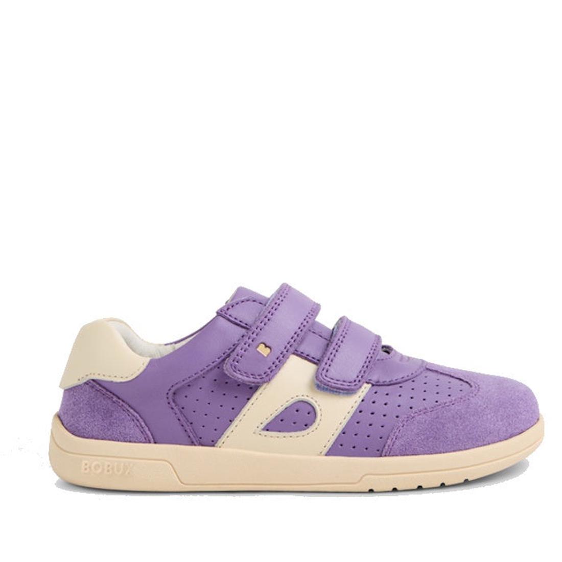 The Bobux KP Kids Plus Titan Juniors Leather Sneaker in Purple Haze features two velcro straps, perforated details, and a rubber sole, shown side profile against a white background., 9420074855961, 9420074855978, 9420074855985, 9420074855992, 942007485600