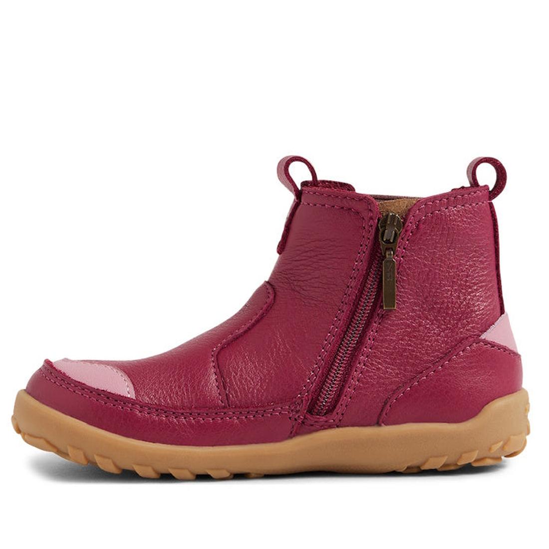 The Bobux KP Kids Plus Trail Leather Boot Juniors Beaujolias Purple Alpha features a barefoot-shaped toe box, tan rubber sole, side zipper, pull tabs, and light pink accents for a stylish and comfortable fit for growing feet., 9420068563841, 9420068563858