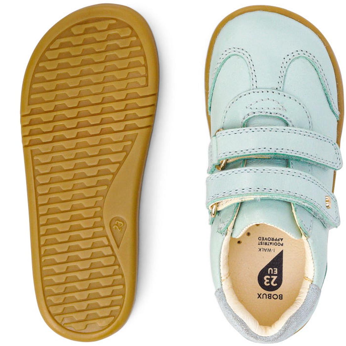 The Bobux Kids IWalk IW Sprite Sneaker in Mist Blue features double strap closures and a brown, patterned rubber sole; size label 23 EU is visible inside the top-view unisex shoe., 9420071311095, 9420071311101, 9420071311118, 9420071311125, 9420071311132