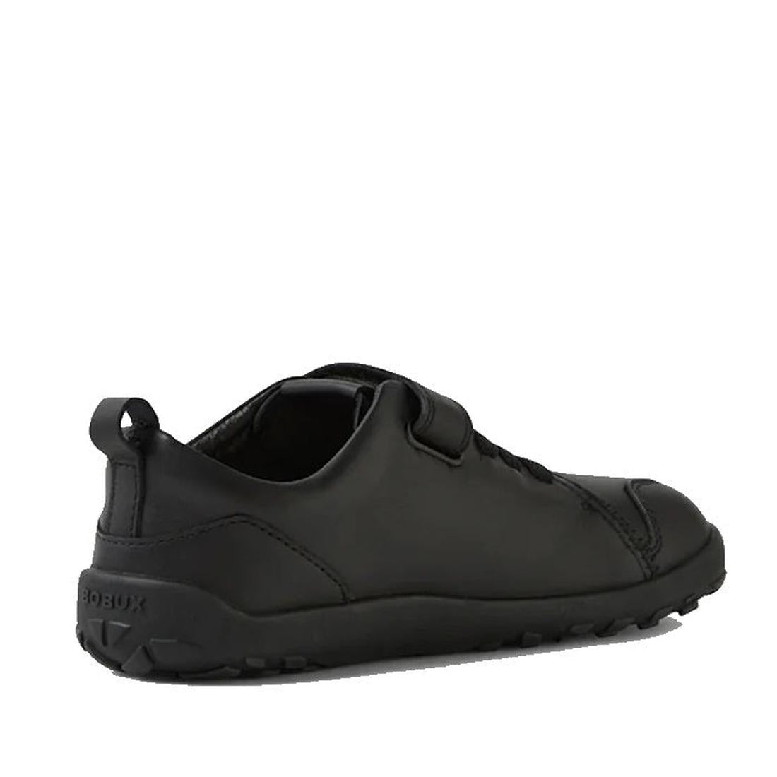 The Bobux Kid+ Prime Alpha Black School Leather Sneaker features a rubber sole, low heel, back loop, barefoot-shaped toe box for comfort, subtle stitching, and a textured outsole visible from the side and back., 48416, 9420074804617, 9420074804624, 942007