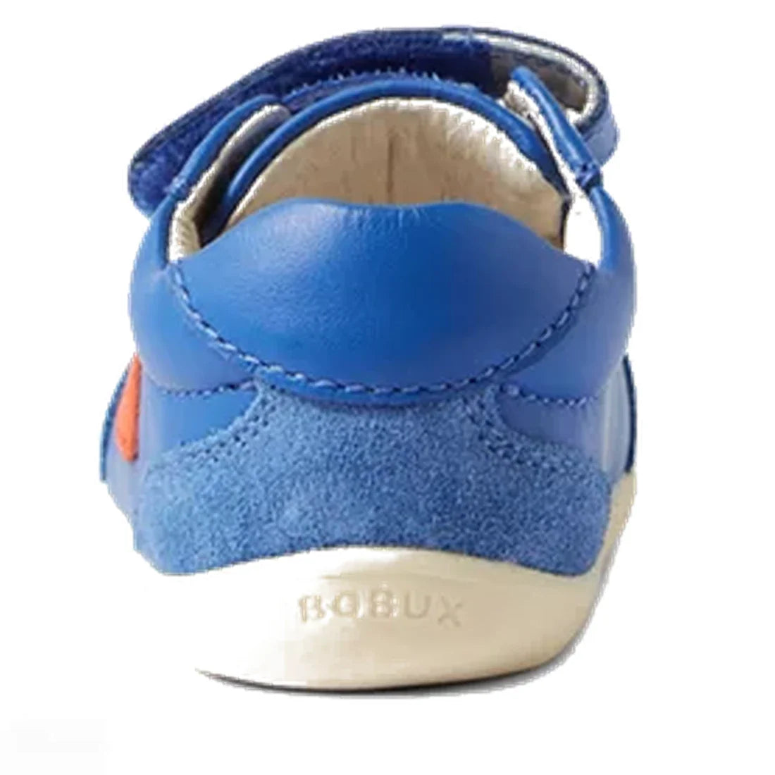 A close-up rear view of the Bobux Step Up SU Champ II Sneaker in Olympian Blue, featuring a suede heel, white sole with BOBUX embossed on the back—stylish and ideal for toddlers' first steps., 9420068552319, 9420068552326, 9420068552333