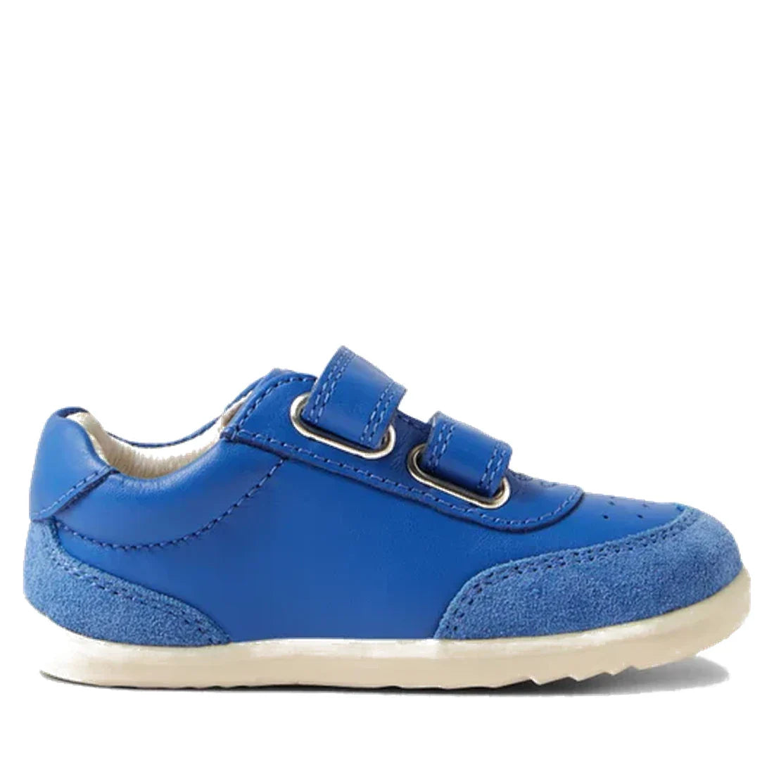 A Bobux Step Up SU Champ II Sneaker in Olympian Blue for first walkers is shown from the side, featuring two Velcro straps, a white sole, suede toe and heel accents, and visible stitching detail against a white background., 9420068552319, 9420068552326, 9
