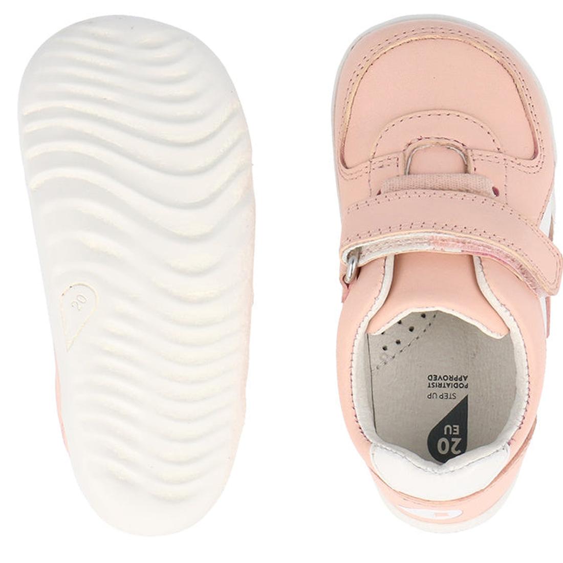 Two views of the Bobux Step Up SU Toddlers Leather Sneaker Comet Pink 734604: left shows a flexible sole with wavy grip; right displays the top, inside, hook-and-loop strap, and size 20 EU—ideal sneakers for easy wear., 9420075706415, 9420075706422, 94200