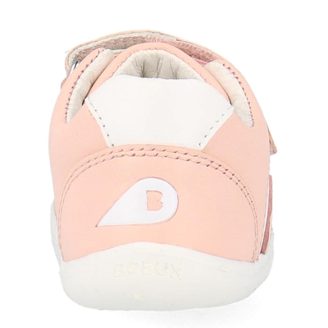 A close-up rear view of the Bobux Step Up SU Toddlers Leather Sneaker Comet Pink 734604, showing its soft pink and white design, flexible sole, a white B logo on the heel, and BOBUX embossed on the sole., 9420075706415, 9420075706422, 9420075706439, 94200