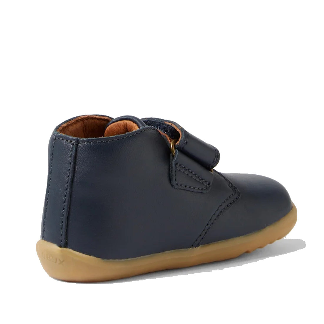 Navy blue toddler's Bobux Desert Step Up ankle boote with brown sole on a white background. Showing the heel and inner foot view, 9420062061213, 9420062056219, 22098