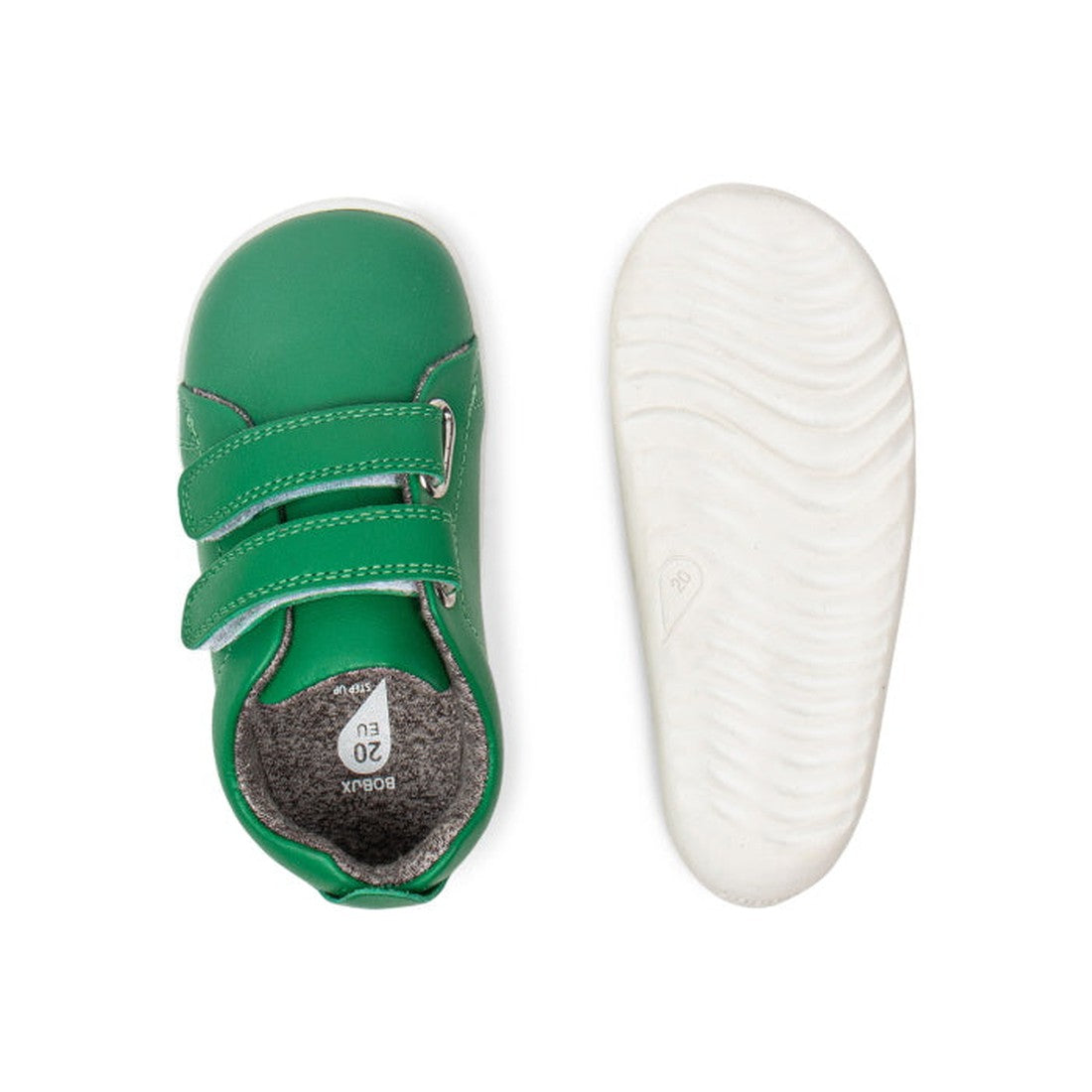 The Bobux Step Up SU Grass Court Trainer 728911 in Emerald Green features green leather, two velcro straps, white wavy tread soles, and gray lining—perfect double strap sneakers for toddlers. Shoes shown from top and bottom., 9420057331475, 9420057331482,