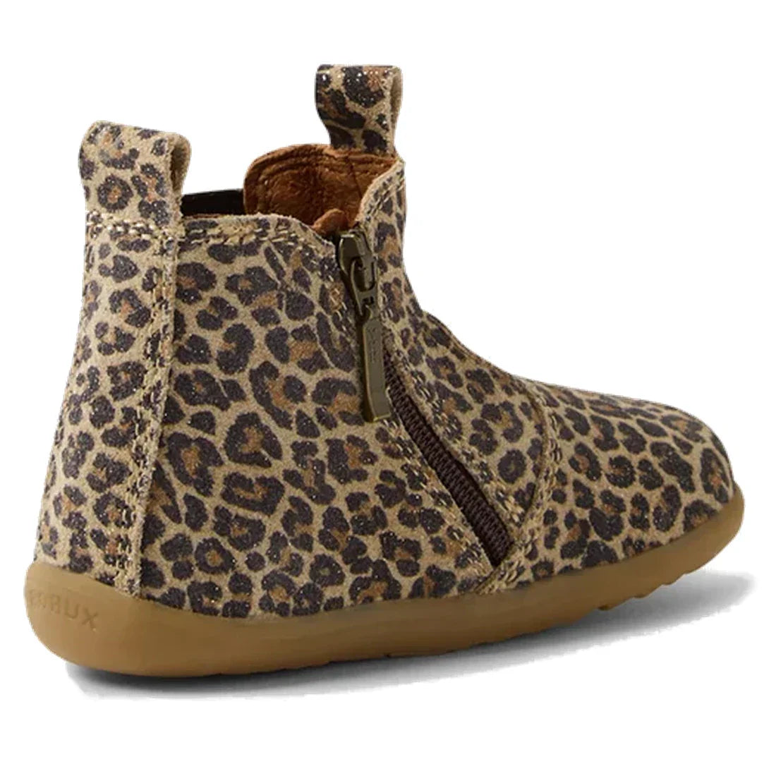 Bobux Step Up Jodhpur Boot Leopard Shimmer: cozy suede nubuck kids’ boot with leopard print, easy side zip, and sturdy brown sole.  ksnz, 9420074801081, 9420074801098, 9420074801104