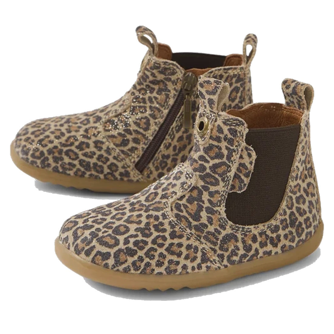 Bobux Step Up Jodhpur Boot Leopard Shimmer: cozy kids’ ankle boots in brown & black suede with side zips, tan soles, and rose gold shine.  ksnz, 9420074801081, 9420074801098, 9420074801104