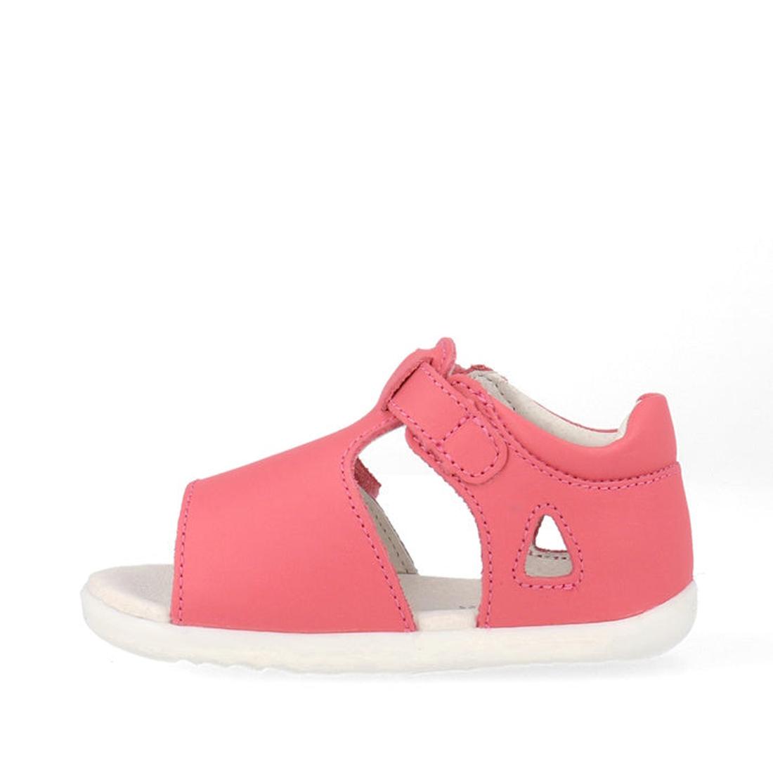 The Bobux Step Up Mirror Leather Sandal in Guava Bright Pink Rainbow 727341 is a toddler sandal with an open toe, side cutouts, soft white sole, and Velcro strap, shown in a side view on a white background., 9420075704640, 9420075704657, 9420075704664, 94