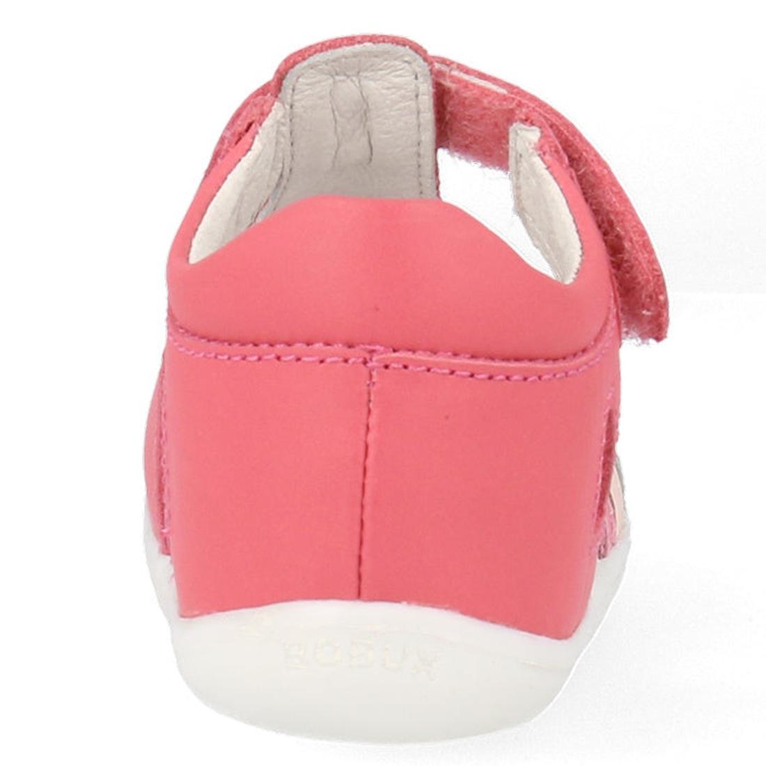 A rear view of the Bobux Step Up Mirror Leather Sandal in Guava Bright Pink Rainbow (727341) for girls, featuring a white sole, side velcro strap, and embossed BOBUX branding—ideal first walker sandals for toddlers., 9420075704640, 9420075704657, 94200757