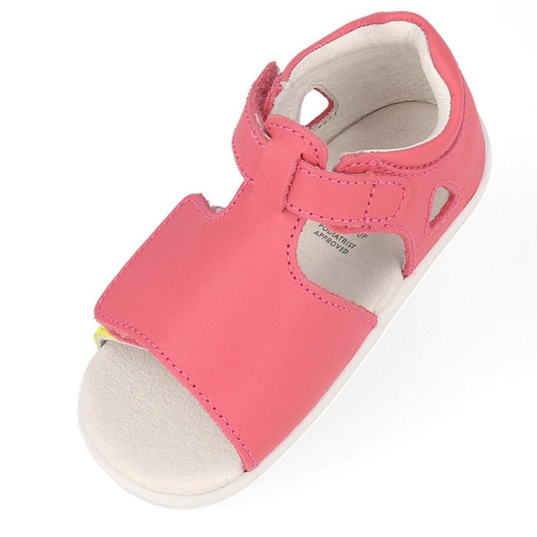 The Bobux Step Up Mirror Leather Sandal in Guava Bright Pink Rainbow (727341) is shown from above with an open toe, white sole, and adjustable Velcro strap—ideal first walker sandals for toddlers., 9420075704640, 9420075704657, 9420075704664, 942007570467